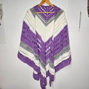 Womans boho chic handmade crochet open chunky knit chevron pattern yarn pancho O